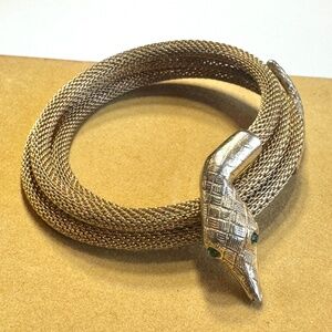 Vintage snake bracelet, gold tone mesh, green eyes, unbranded
